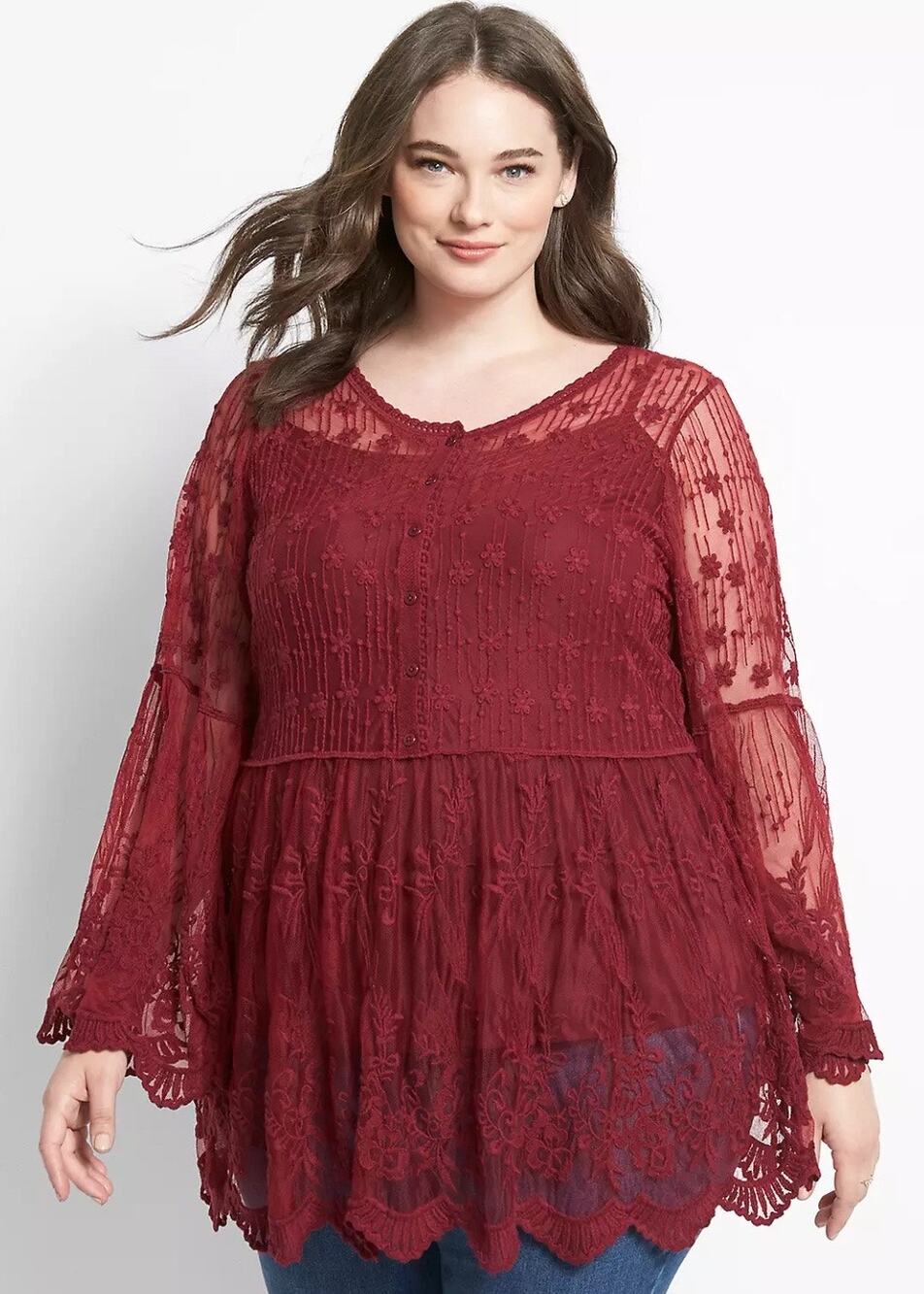Lane Bryant Embroidered Sheer Babydoll Top Plus Size 14/16 Burgundy Peasant Top